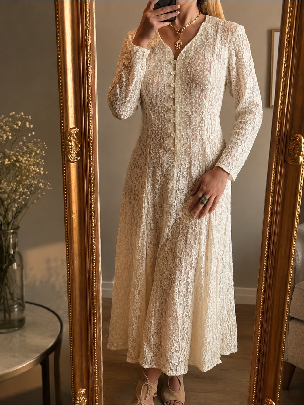 Vintage 80s 90s All That Jazz Ivory Lace Maxi Dress Made in USA Romantic Bridal